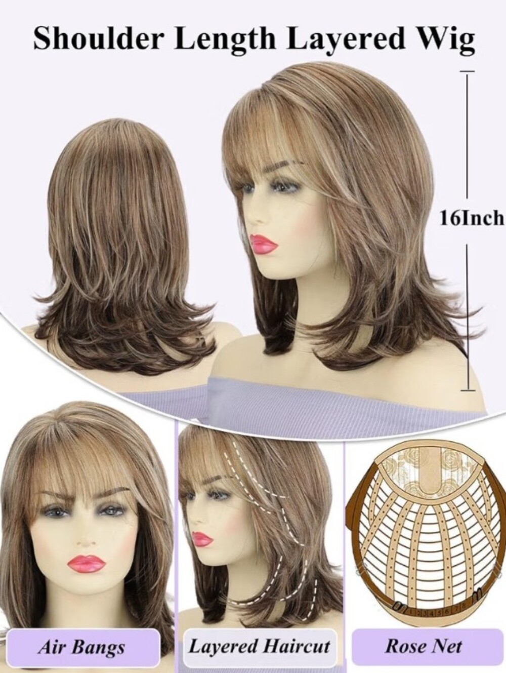 Layered Medium Brown Wig with Soft Bangs And Highlights - Picture 4 of 8